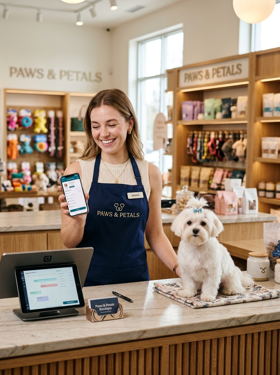 Recepcionista de pet shop sorrindo ao celular, com um cachorro no balcão de atendimento