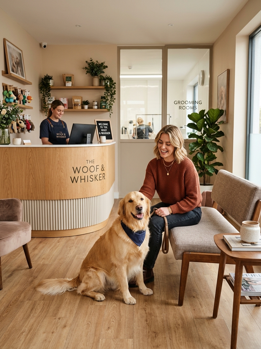 Recepção acolhedora e moderna de pet shop com cliente e seu cachorro
